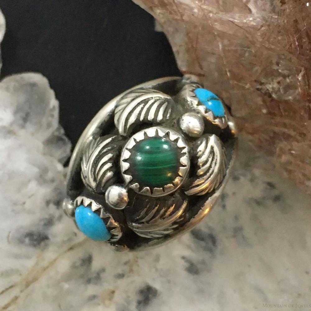 Vintage Native American Sterling Turquoise & Malachite Decorated Ring Size 6.25